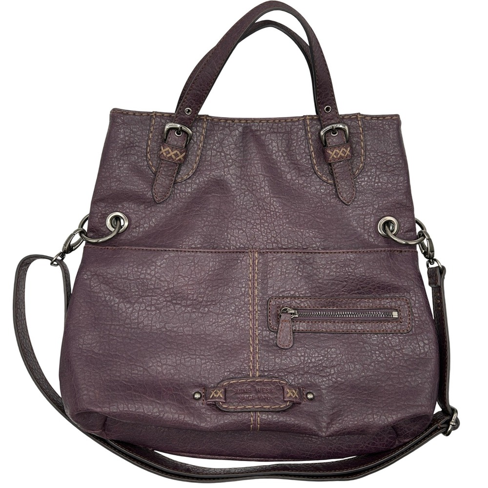 Nine West Plum Purple Faux Leather Pebbled Tote Bag Crossbody Leopard Y2K Fall